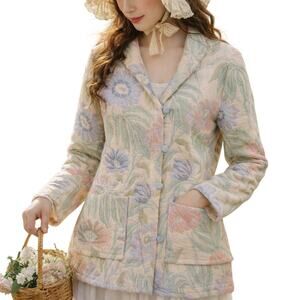 Vintage 80s Women's Medium Quilted Jacket Pastel Floral Cottagecore